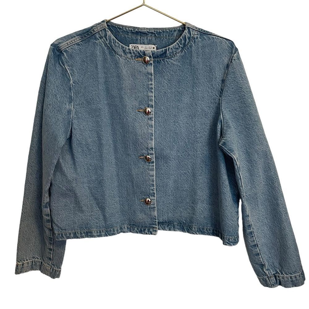Zara Silver Button Down Denim Jacket Size L NWOT